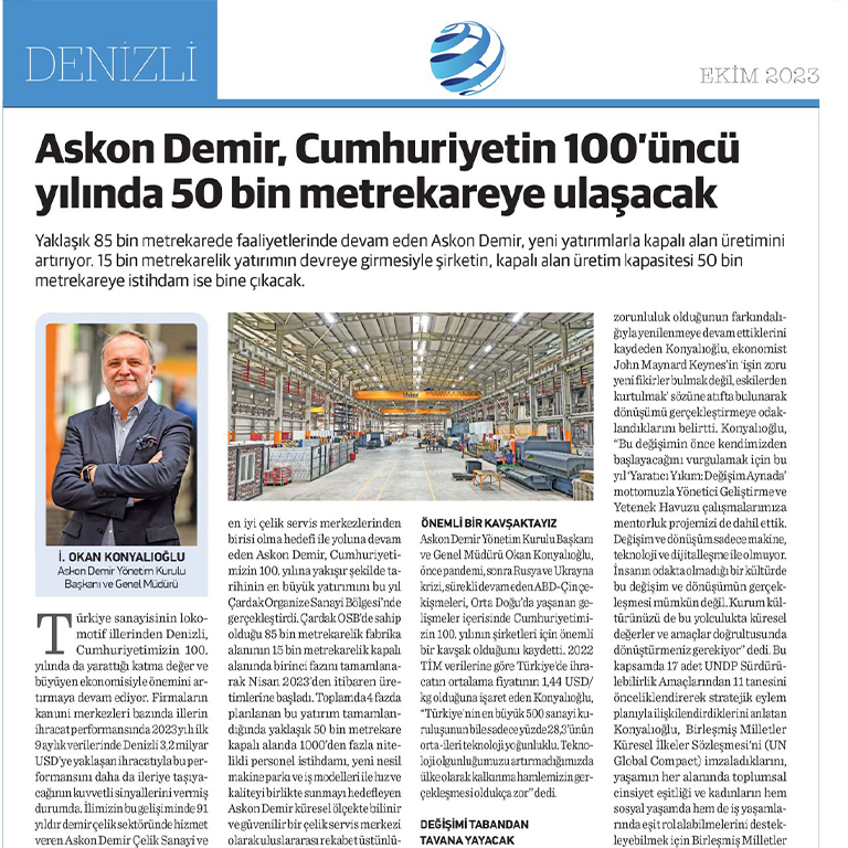 Askon Demir, Cumhuriyetin 100'üncü Yılında 50 Bin Metrekareye Ulaşacak